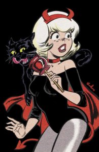 Sabrina Spellman, a white teenager with white hair cut in a bob, wears a devil outfit - red horns, black bodysuit, grey tights and a red cape. She look off to her right in alarm, holding out a candied apple which is about to be chomped by her black, green-eyed cat, Salem, who licks his chops in anticipation. The background is black.