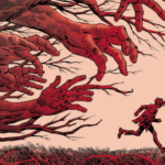 An image of a small red figure against a pale orange background. The figure is a teen boy is running away from a forest of large red hands reaching out for him.