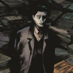 A man in a long trench coat stands in shadows surrounded by newspapers with the giant headline "WAR" on the front