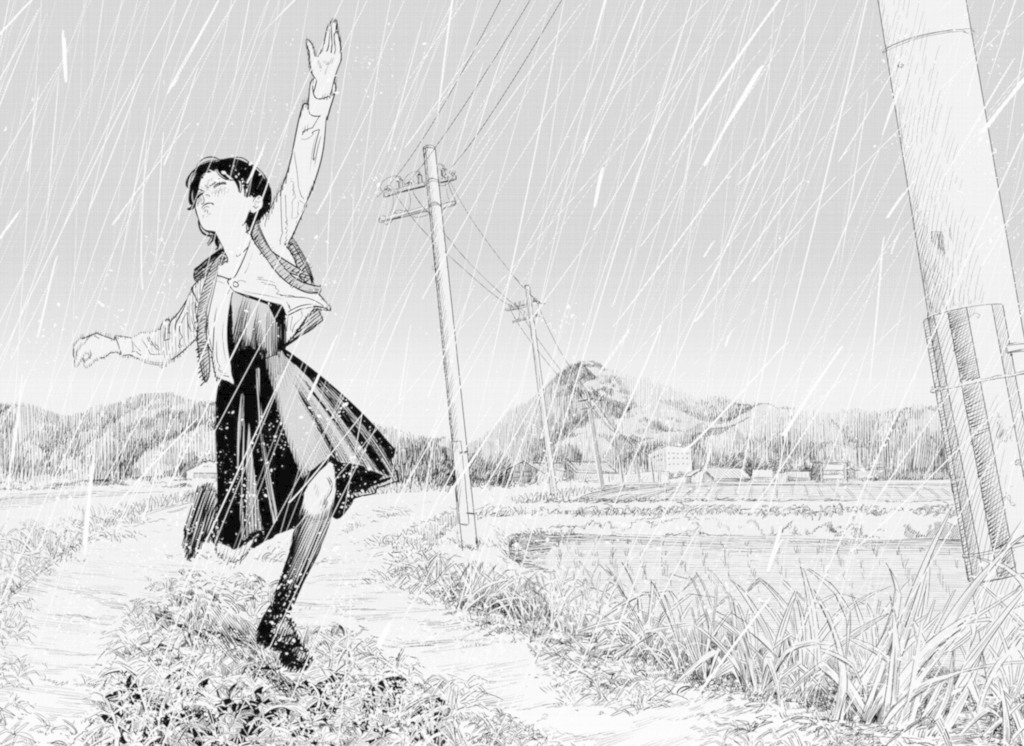 A young girl wearing a long-sleeved cardigan and mid-length skirt runs through a grassy field while it rains. Her arms are flailed and she has a soured expression on her face. 