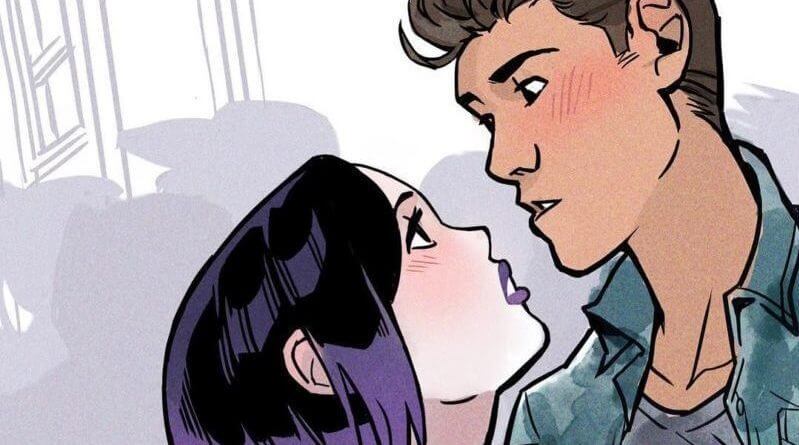 A young woman with shoulder length black and purple hair raises her head to look into the eyes of a young brown-skinned man. They are close enough to kiss... but will they?