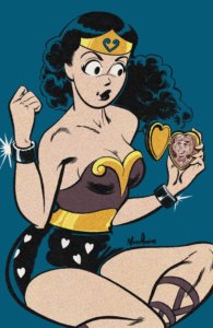 Veronica Lodge, a brunette teenager with white skin, sits on the floor. She is wearing a wonder woman outfit and holds a golden locket with a picture of Archie Andrews in it. The background behind her is blue.