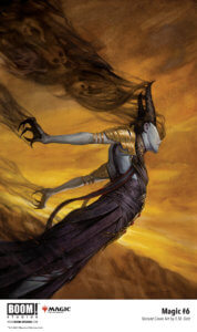 Horned demon with shadow like magic coming from crown and claws flies across a golden sky in the background