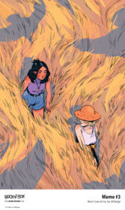Cover art of Mamo #3, Two young girls one dark hair and brown skin, one pale wearing a hat walk through a field of golden grass with shadows of birds around them.