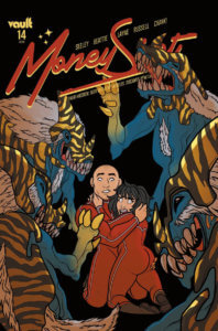 A couple dressed in red jumpsuits cling to each in a panic as great toothed blue beasts with tiger stripes close in on them.