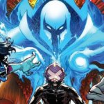 The blue aura of Onslaught rises above Charles Xavier as Nightcrawler and LEgion try to turn away