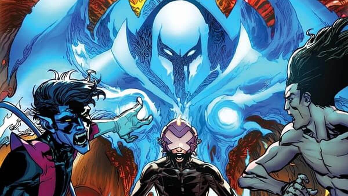 The blue aura of Onslaught rises above Charles Xavier as Nightcrawler and LEgion try to turn away