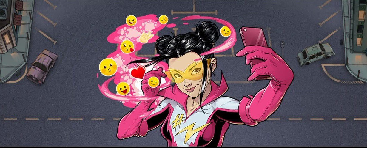 A girl with black hair, a flashy outfit and glasses, is surrounded by emojis as she poses for a selfie