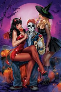Archie Andrews, a thin, white teenager with red hair wearing a blue and gold letterman jacket, wears skull makeup upon his face. On his lap is perched Veronica Lodge, a brunette white teenager wearing a red devil's costume and red stockings and devil horns. Beside Archie is blonde, white teenager Betty Cooper, who's wearing a black witch's costume and is bending over him flirtatiously. Archie is perched on a pumpkin, and the purple-white background swirls about them like mist