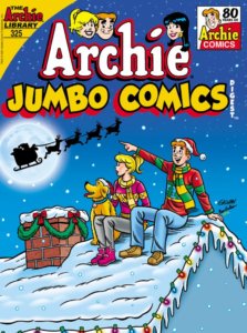 Archie Andrews, a redhaired white teenager, sits on a snowy rooftop. To his left is Betty cooper, a white blonde teenager with her hair done up in a ponytail. Archie's dog, vegas, a golden lab, sits beside her. Archie and Betty are done up in colorful sweaters and scarves and wear snow bots and jeans. The eves are decorated with christmas lights and wreathed in pine garlands. Archie and Betty excitedly watch as Santa Claus and his reindeer fly across a pale white moon. the navy colored night sky is filled with stars