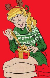 Betty Cooper, a white blond-haired teenager, sits on the floor in a green fairisile christmas sweater decorated with white sheep and snowflakes and a green skirt. She ties a golden bow onto a red package, and her golden ponytail drips over over right shoulder. The background behind her is bright red