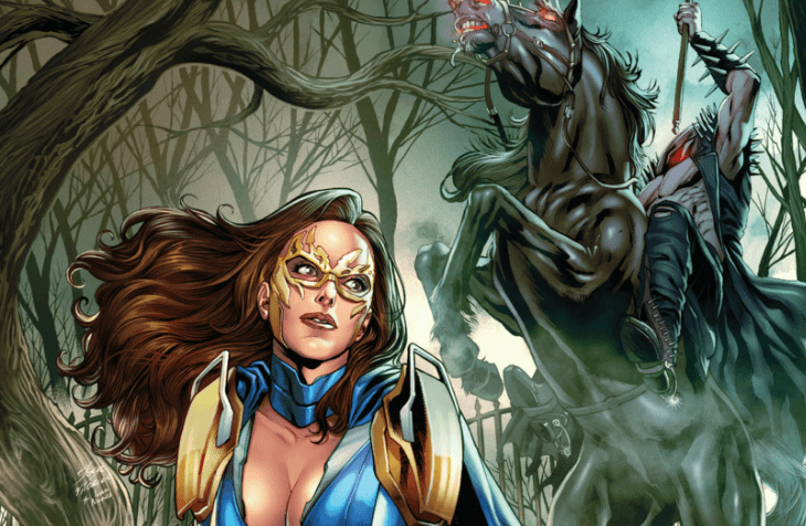 An image of a masked woman holding an axe. She is standing in a dark forest. A headless man on a horse stands behind her.