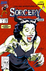 Madame Satan - sporting pale green skin and a black dress - leans over and sneers at the reader. She has black horns atop a short head of black hair, a black dress, long black nails, and sharp white teeth behind purple lips. Against a black background she lunges forth menacingly