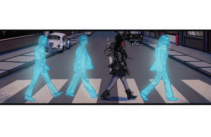 A panel from Dead Beats Volume 2 featuring the Shoppekeeper, a Black woman vampire, walking over a crosswalk in line with ghostly representations of The Beatles in a recreation of the Abbey Road cover.