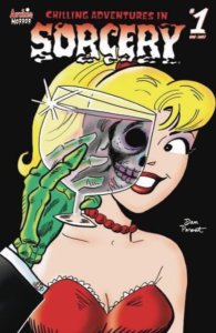 Betty Cooper, a white blonde teenager with a ponytail and a red bead necklace, smiles coquettishly against a black background. A green skeletal hand holds up a champagne glass, and reflected within it is a skull