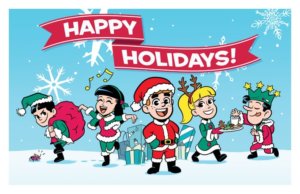 Archie Andrews - a white red-haired teenager - stands on a snowy backdrop dressed like Santa Claus in a fur-trimmed red costume. Veronica Lodge - a white brunette teenager - and reggie mantle - stand to his left. Blonde white betty cooper stands to his right, and at the far left is jughead jones - also white and brunette. All the gang is dresse dup in santa outfits - Reggie is carrying a sack, and Jughead is eyeing a burger. Snowflakes fall in the background, and a red ribbon legend with white letters reading happy holidays printed on it hover over the team 