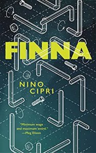 Cover of Nino Cipri's book FINNA. The illustration shows a stylised furniture construction diagram with screws, tubes and arrows, too complicated to make sense.