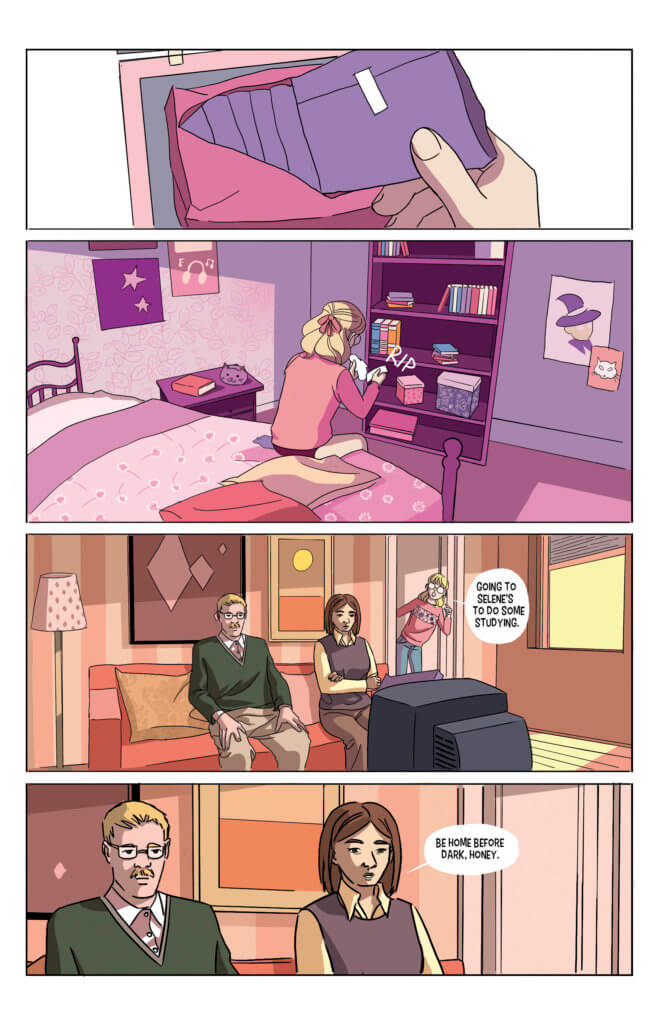 Pages from Painted showing a young girl getting ready and then leaving the house, saying goodbye to her parents