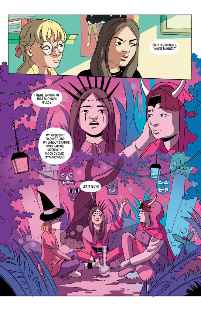 Pages from Painted featuring young girls doing a magical ritual in the forest