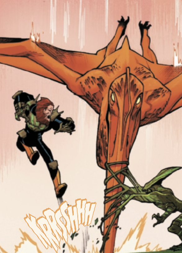 Panel from Reptil #4 by writer Terry Blas, penciler Enid Balám, inker Victor Olazaba, colorist Carlos Lopez, and letterer Joe Sabino depicting Reptil in dino form
