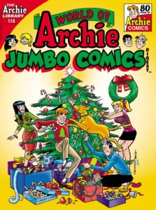 Archie Andrews - a white, red-headed teenager - helps his friend Betty, Vernoica and Jughead decorate a large and lush Christmas tree. Archie's dog, Vegas, a golden lab, jumps upon him, nearly sending archie spilling across the floor. Archie is wearing a red sweater with a green tree on the chest and tan slacks; Veronica's wearing a red pencil skirt and a green sweater; Betty's wearing a green and red striped blouse and a black miniskirt and jughead wears a blue sweater and tan slacks. The floor is a chaos of broken ornaments and spilled tinsel 