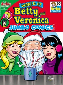 Betty Cooper, a blonde teenager with white skin, sits beside Santa Claus, who sports his traditional white beard and fur-trimmed red cap. Betty wears a green winter cap and a dark green coat, as well as a pale green turtleneck. To Santa's left is Veronica Lodge, a white brunette teenager wearing red earmuffs and wearing a purple turtleneck. They contentedly sip on a mug of coca via three red-striped straw