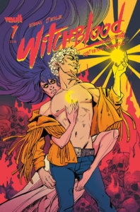 A shirtless male presenting person stands holding a shining orb. A long haired person is wrapped around him, scrawling a crescent moon on their chest