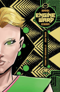 Half of a face of a person with short blond hair and green eyes