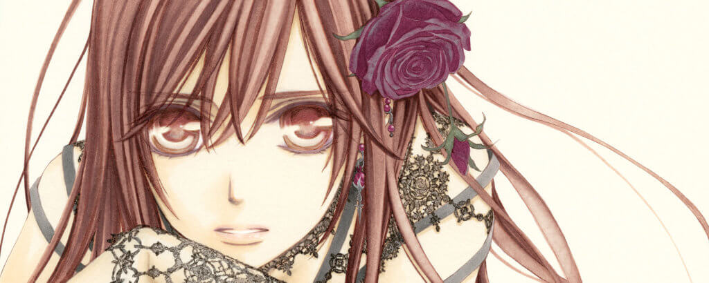 vampire knight series splash image depicting the protagonist with roses in her hair.