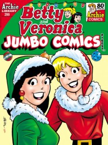 Betty Cooper, a blonde white teenager, wears a red santa costume with a spotted ermine collar and a red santa cap. Beside her is Veronica Lodge, a white brunette teenager wearing a green santa outfit and hat. She also sports red earrings. They smile into the camera and behind them the comic's title looms in a green box dripping with ornaments