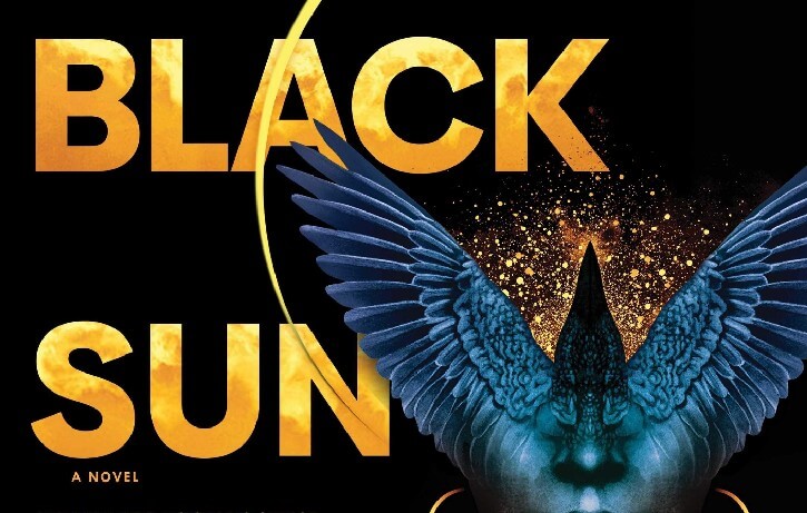 Detail from the cover of the audiobook edition of Black Sun by Rebecca Roanhorse. Shows the title alongside a stylised iamge combining the wings of a crow with the lower half of a person's face.