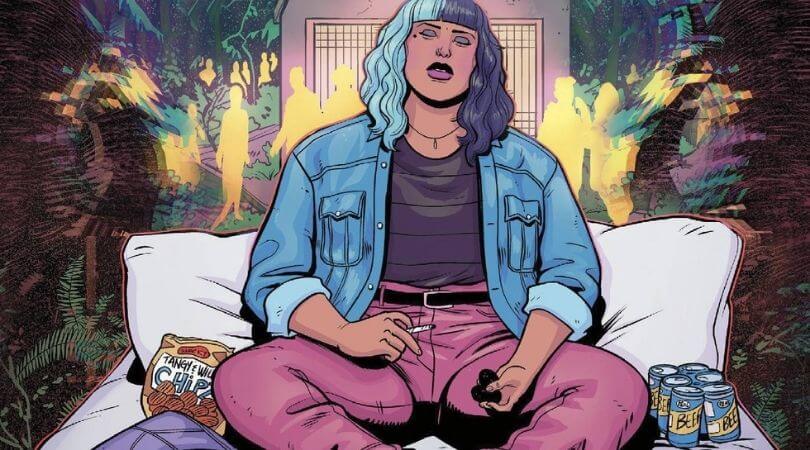 A woman with blue and purple hair wearing a gray top, pink pants, and a jeans jacket sits in front of a hotel. She is smoking drugs and is clearly high