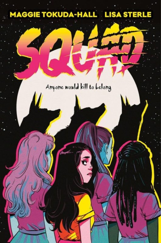 Four girls wearing very similar clothing stand with their backs turned, except for Becca in the middle, whose face is tilted toward the viewer. Werewolf silhouettes and the moon are behind them.