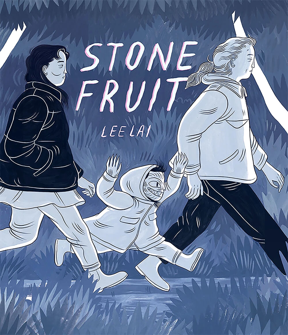 The front cover of the hardcover edition of the graphic novel Stone Fruit. The monochromatic ink drawing with a blue watercolor wash shows the protagonists, Ray and Bron, walking a step apart from one another with Ray's niece Nessie playing at being a monster as she runs between them.
