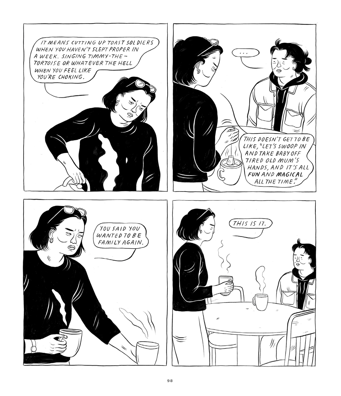 Page 98 of Stone Fruit contains four monochromatic panels in which Ray’s sister Amanda lectures her on the importance of showing up for the people you love.