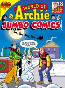Archie Andrews, a redheaded white teenager, wears a yellow, red and black-striped hoodie and blue jeans. He's with his brunette, white teenage friend jughead jones, who's wearing a green sweater, red and black striped scarf and black pants. Their dogs - white, shaggy Hotdog and golden Vegas - are wearing antlers. They stand before a snowy field, it is nighttime, and santa claus flies before a full moon.