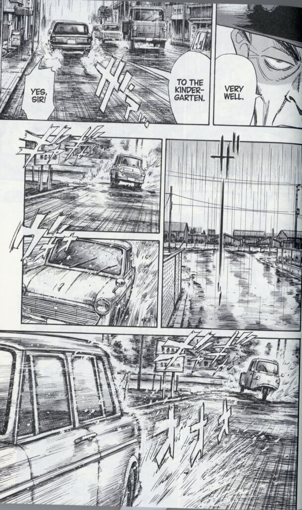 page from Asadora depicting cars driving in rain