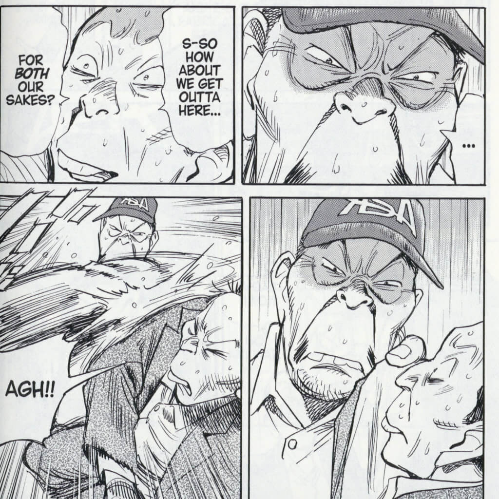 page from Asadora depicting Kasuga punching out the shady reporter.