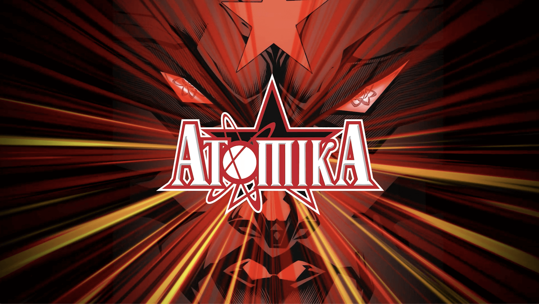 The words "Atomika: God Is Red " over the imposing face of a powerful god who looks very angry