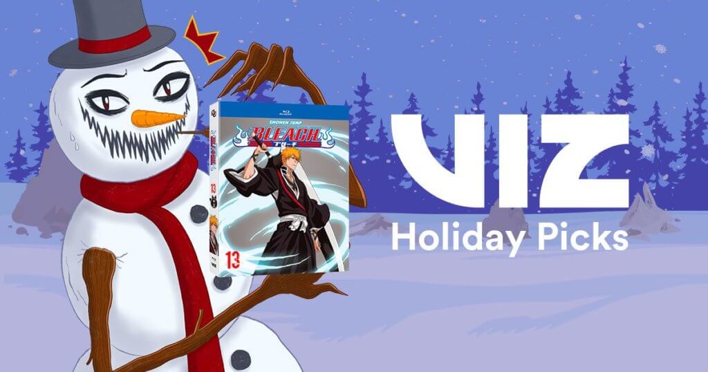 promotional image showing a snowman with a creepy face holding up a bleach blu-ray