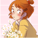 A young girl with short hair in a half pony tail holds flowers that are falling out of her hand. She is looking behind her and blushing