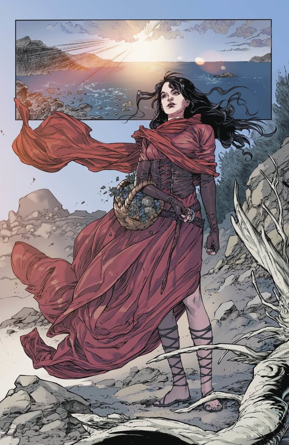 Page from Aquaman #43. Caille stands on the coast, her dress billowing in the wind.