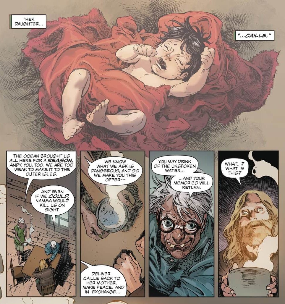 Pane;s from Aquaman #43. An image of a crying baby in red cloth is followed by a conversation between Aquaman and Loc over a bowl of soup.