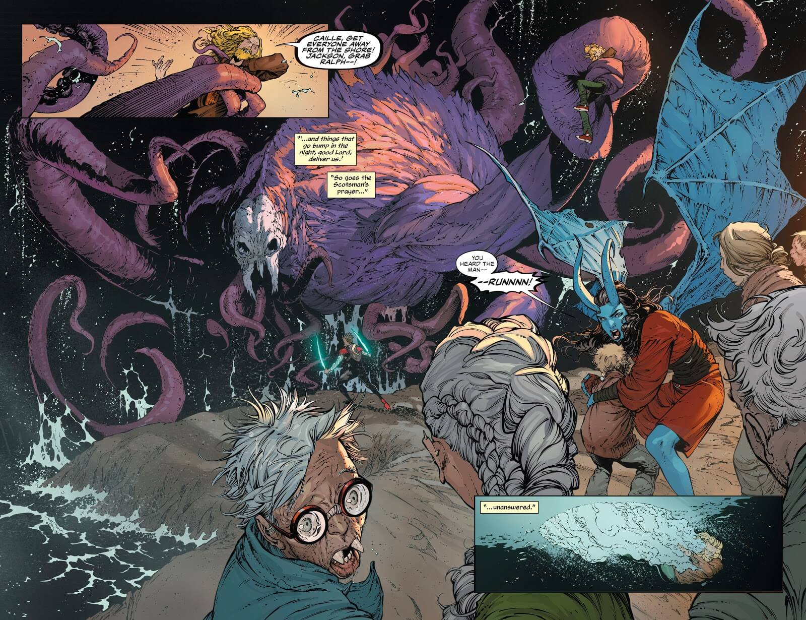Double-page spread from Aquaman #52, showing a beach being terrorised by a Cthulhu-like monster.