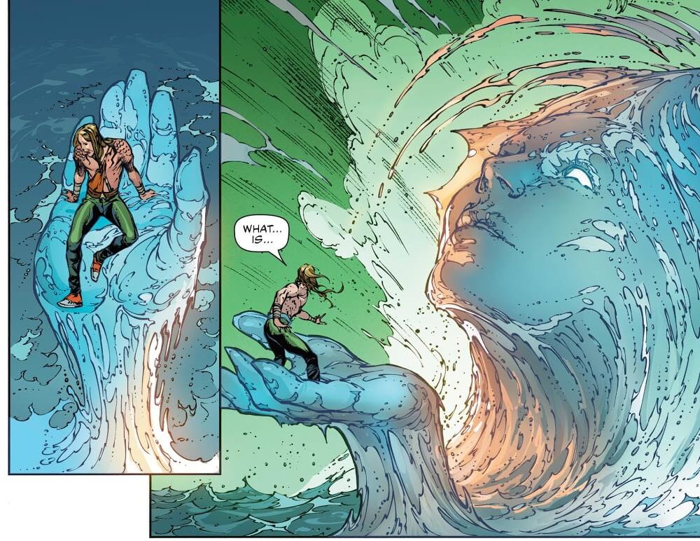 Panels from Aquaman #55. Aquaman is held in the palm of a vast avatar of his wife Mera, formed from water.