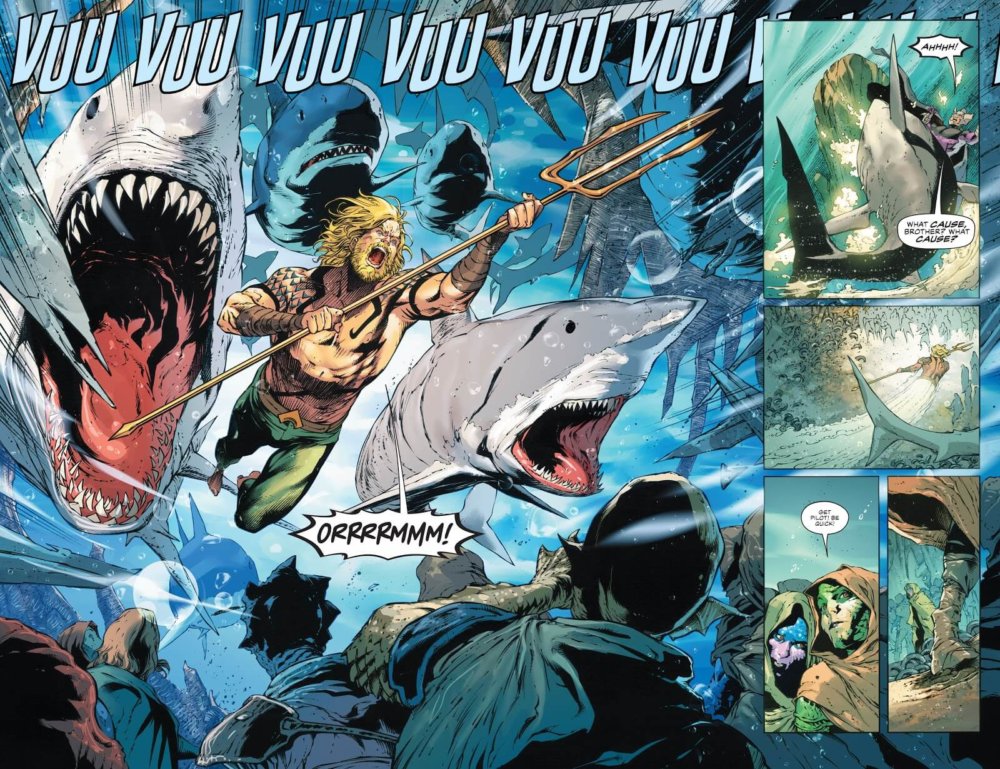 Double-page spread from Aquaman #59. Aquaman blasts into action in Atlantis, wielding a trident and surrounded by sharks, plus bystanders looking up in awe.