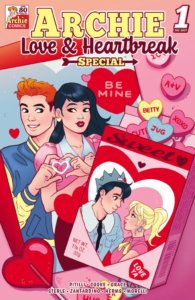 Archie Andrews, a white redheaded tenager in a blue and yellow letterman jacket, poses beside white brunette teenager veronica Lodge in a pink sweater, brown pants and a blue blouse. They're making a heart shape with their hands in a picture. atop the picture is a box of candy with a picture of jughead jones - a white brunet teenager with a grey fool's cap and a white shirt with a skinny black tie - blushing as he looks at betty cooper, a white teenager with a blonde ponytail and a pink blouse. They stand before a heart-shaped design. From the box a bunch of conversation heart candies spill from the box against a pale pink background. Phrases like 'be mine' and 'jug' are printed on the muticolored hearts in red writing. 