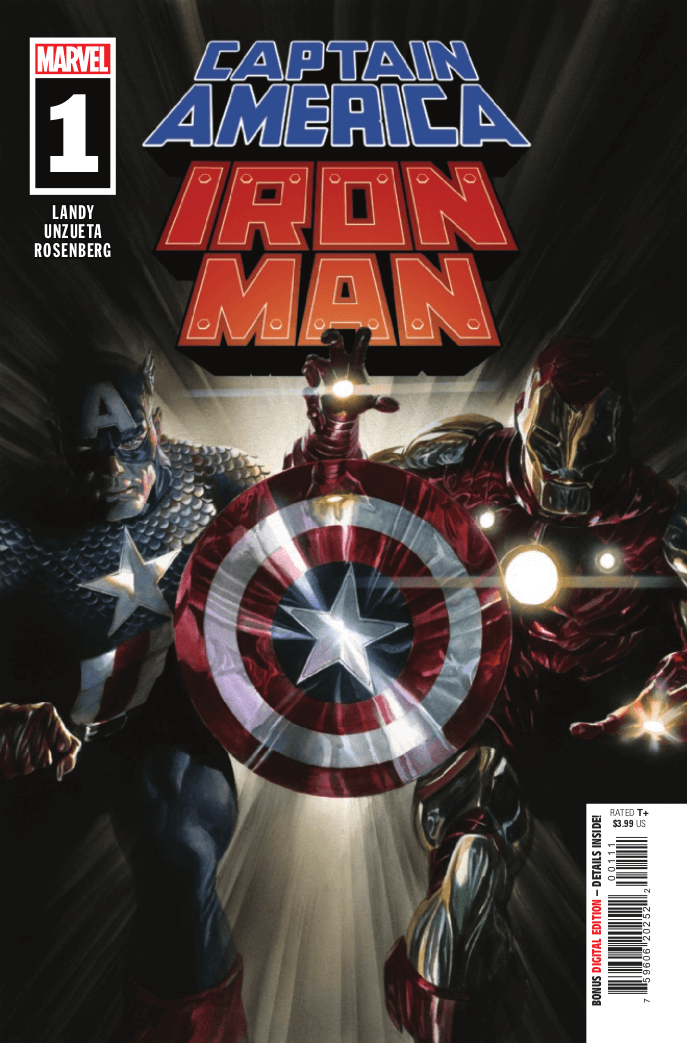 Captain America/ Iron Man #1 Cover by Alex Ross. VC’s Joe Caramagna (Letters), Derek Landy (Writer), Rachelle Rosenberg (Colours), Angel Unzueta (Artist) Marvel Comics December 8, 2021