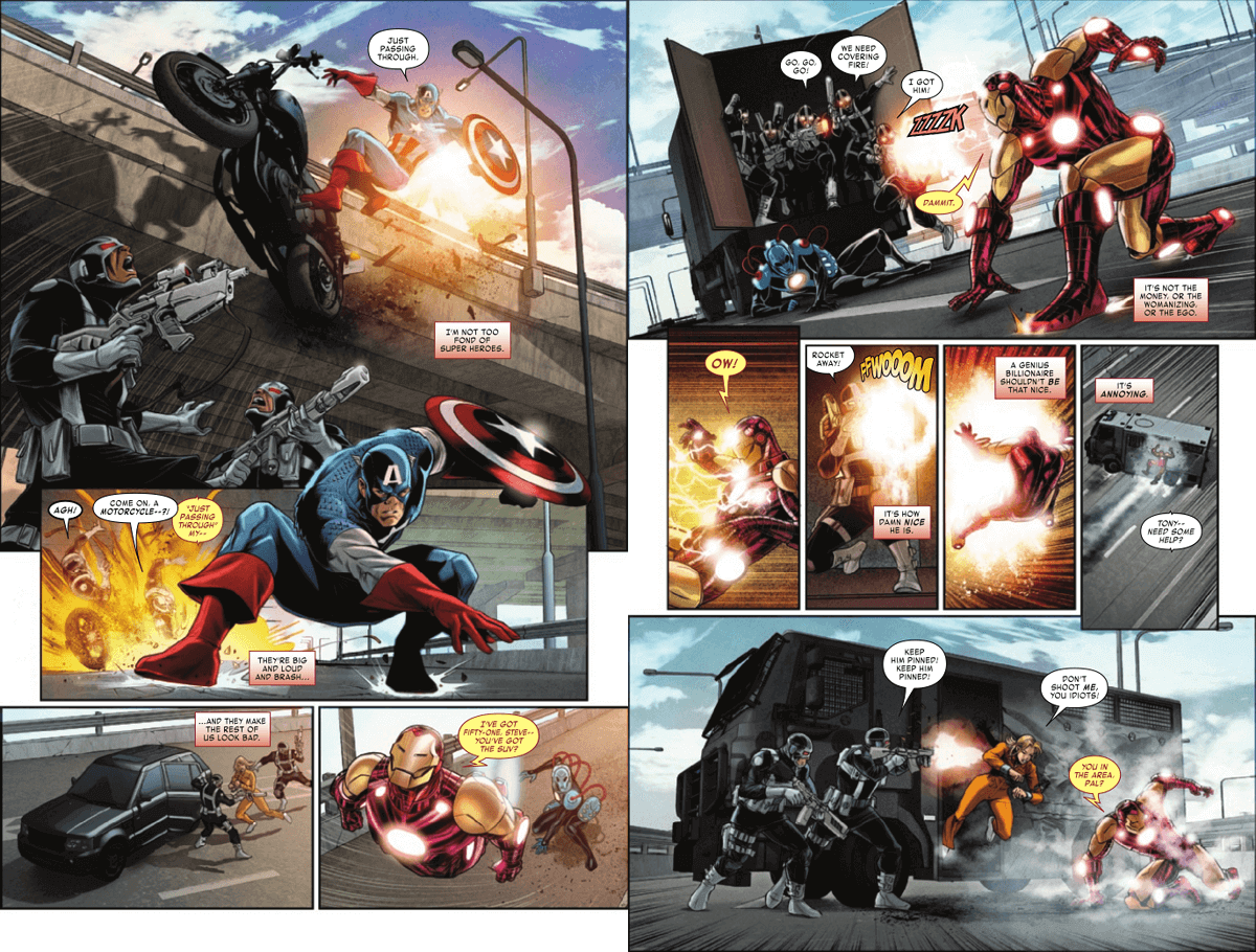 Captain America/ Iron Man #1 Page 10 and 11. VC’s Joe Caramagna (Letters), Derek Landy (Writer), Rachelle Rosenberg (Colours), Angel Unzueta (Artist) Marvel Comics December 8, 2021