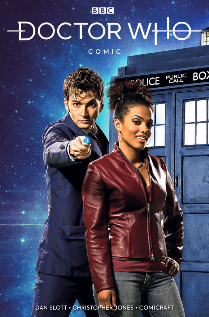 The Tenth Doctor and Martha Jones stand in front of the Tardis in space, with the Tenth Doctor pointing his sonic screwdriver at the reader.